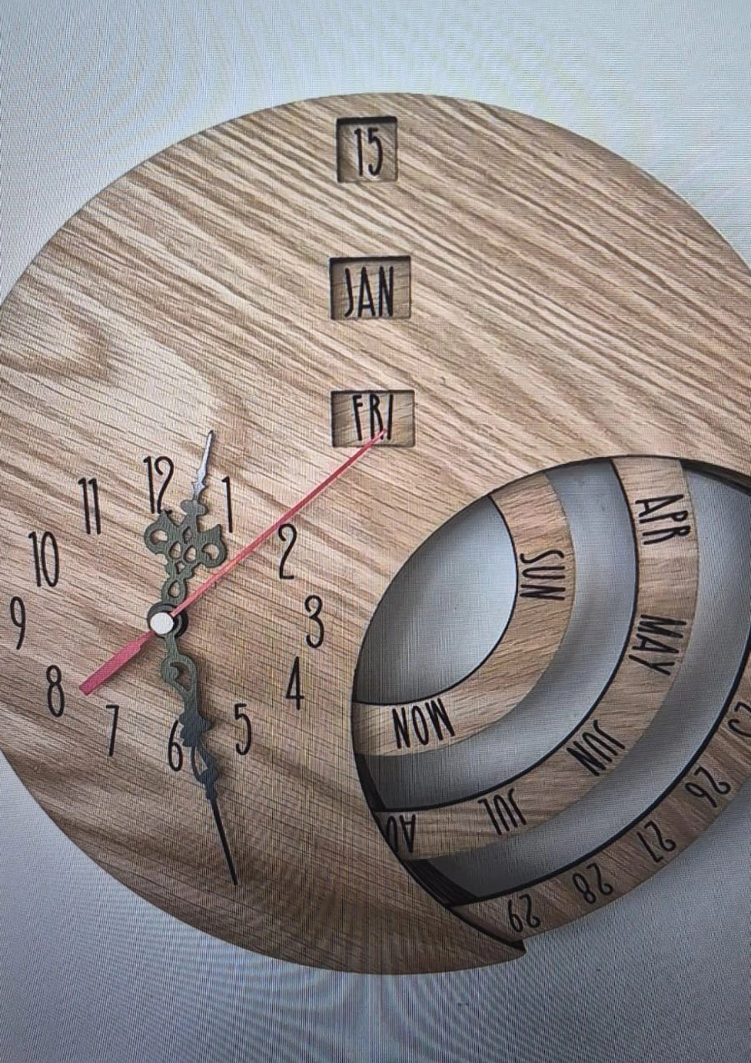 Dach,Wand und Holzkonstruktion - Handgefertigte Holzkunst - Eine runde Holzuhr mit ewigem Kalender und drehbaren Zifferblättern für Tag, Datum und Monat.